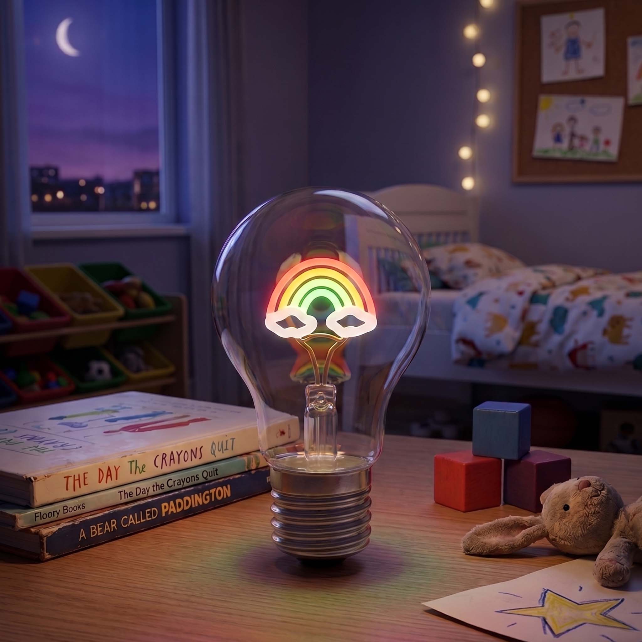 Glühbirne mit Regenbogen-Motiv im Kinderzimmer