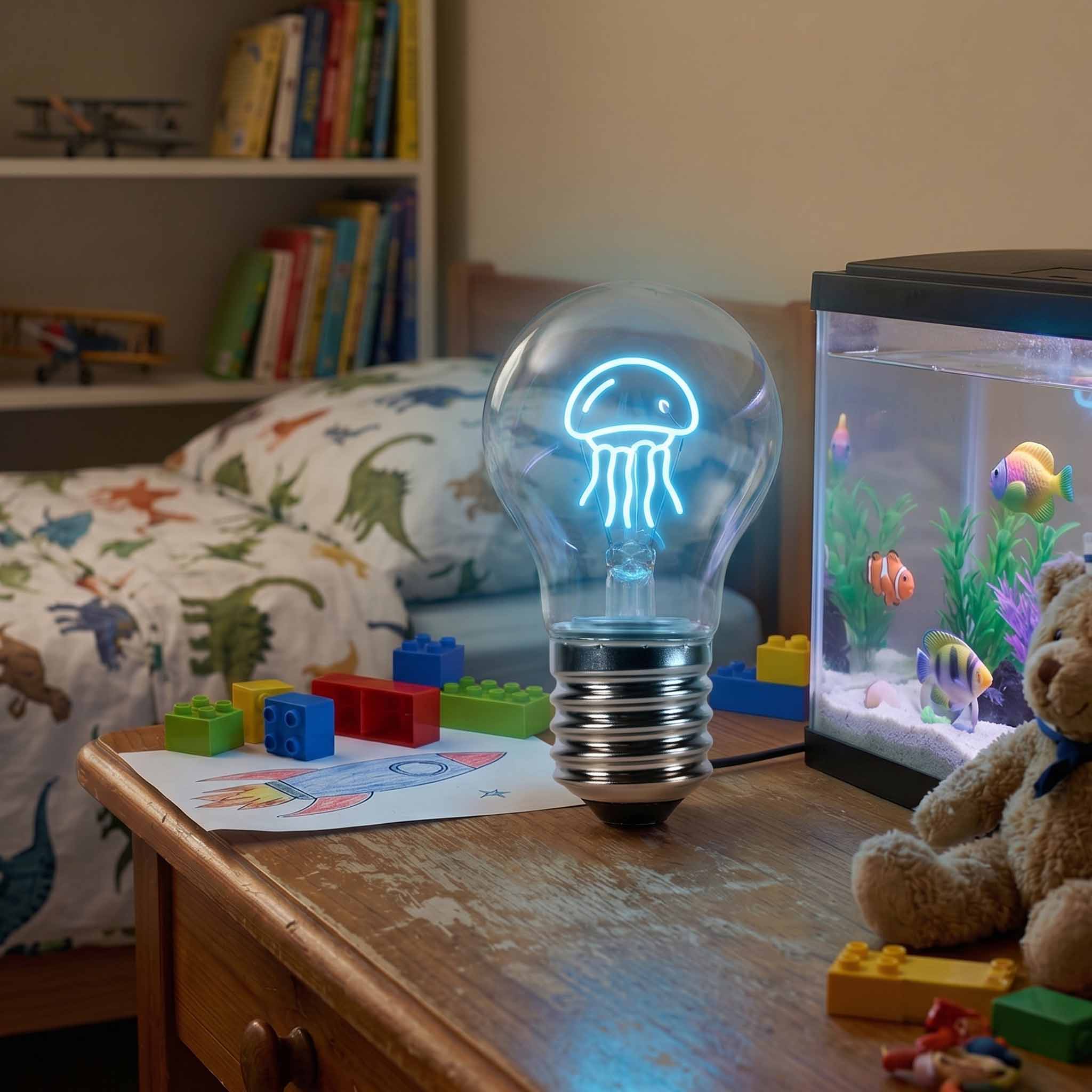 Glühbirne mit leuchtendem Quallen-Motiv neben einem Aquarium