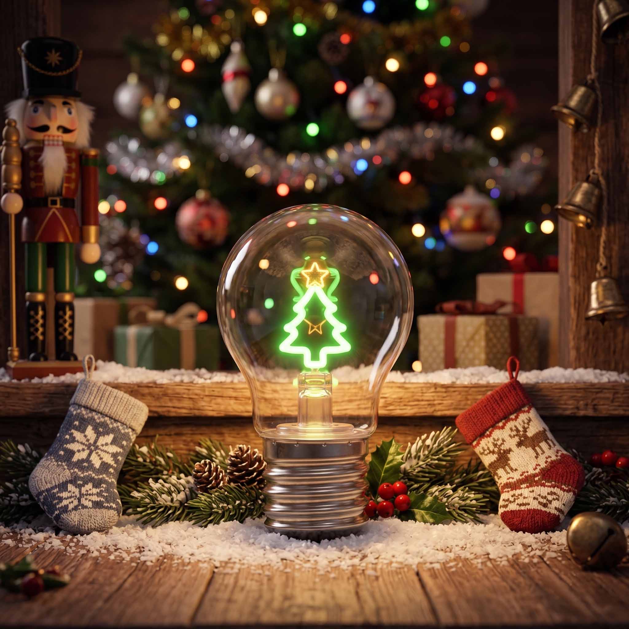 Glühbirne mit Weihnachtsbaum als Leuchtfaden vor geschmücktem Christbaum